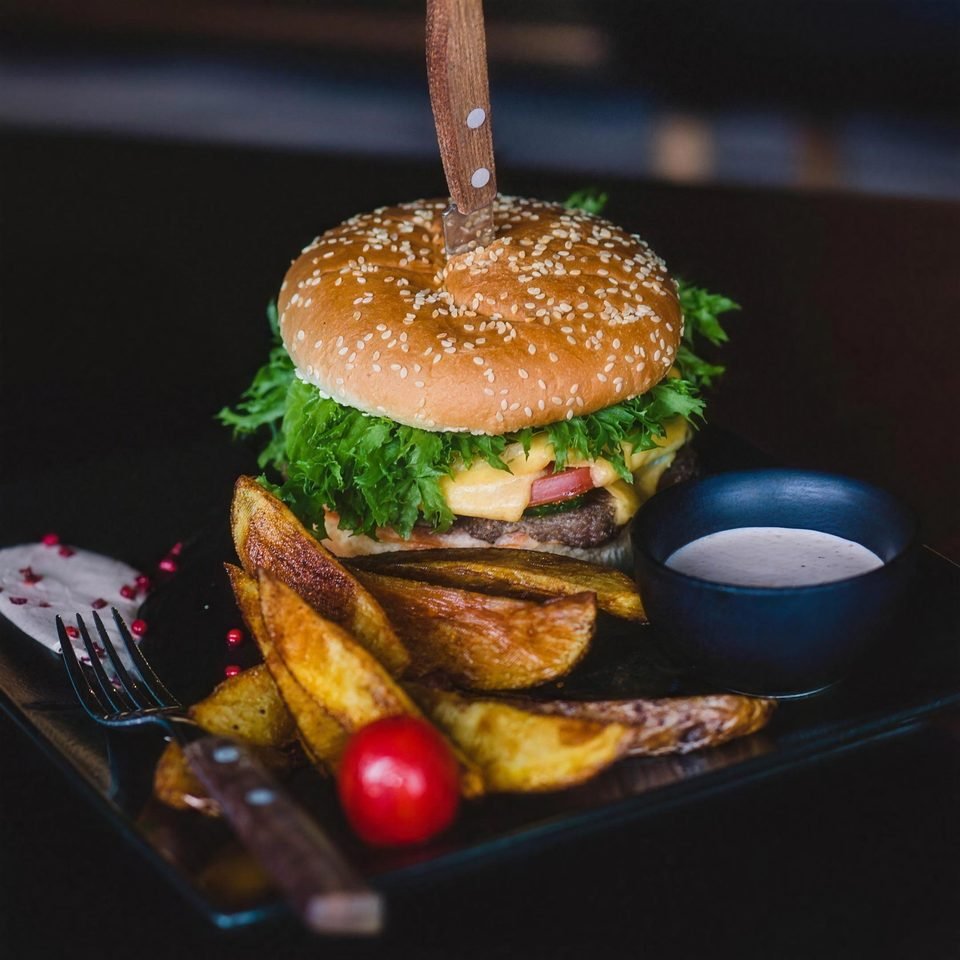 Burger s krumpirovim kriškama na tamnoj podlozi