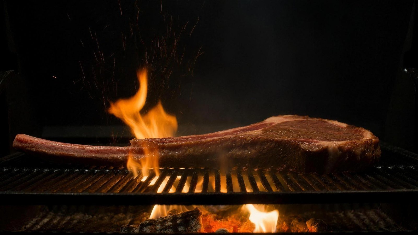 Tomahawk odrezak s dugom kosti na otvorenom žaru, plamen i žar ispod rešetke